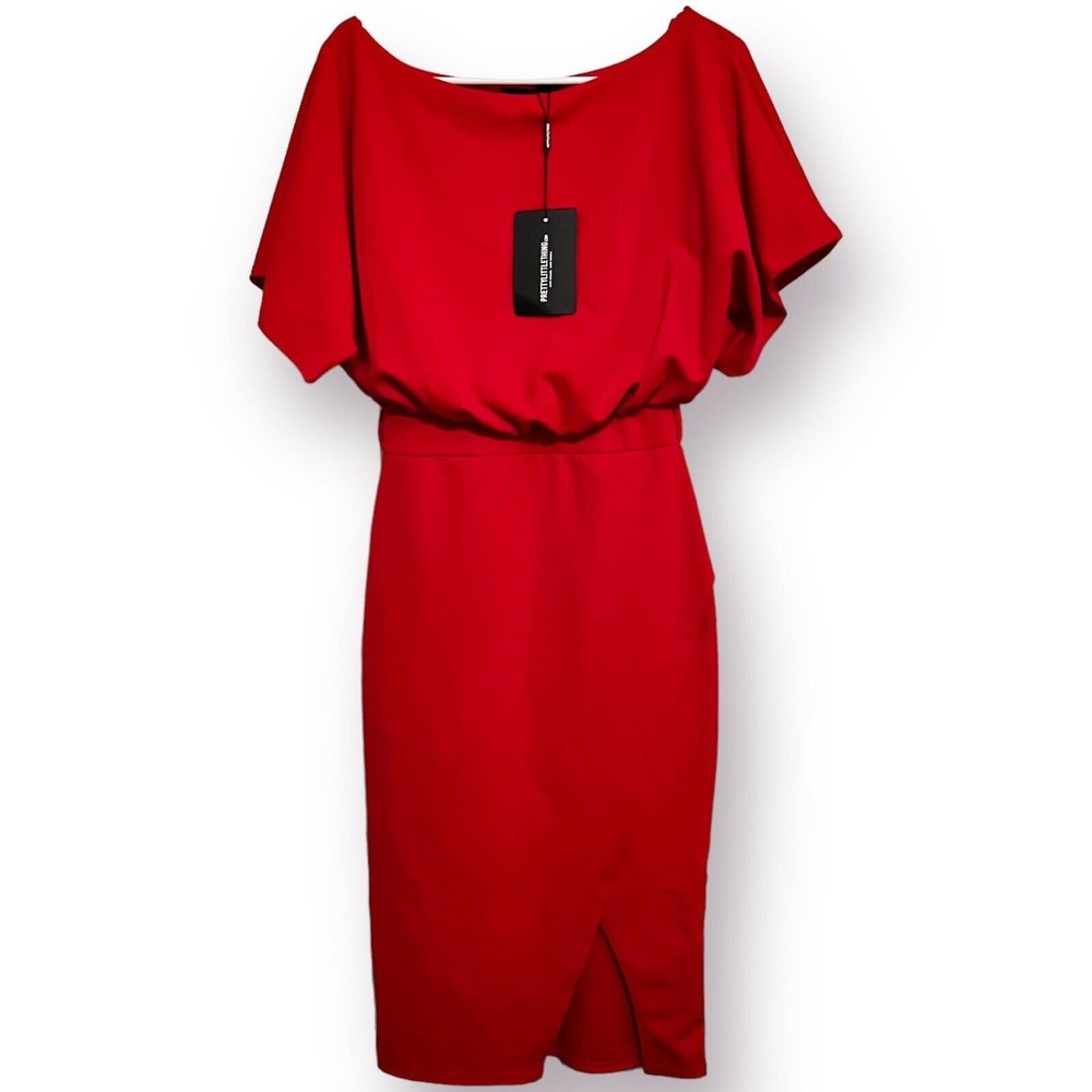 Pretty Little Thing Wrap Front Red Flutter Kimono Sleeve Midi Dress Size 8 NWT - Picture 3 of 16